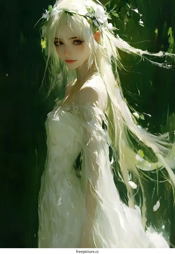 White Dress Woman In Green Forest Illustration