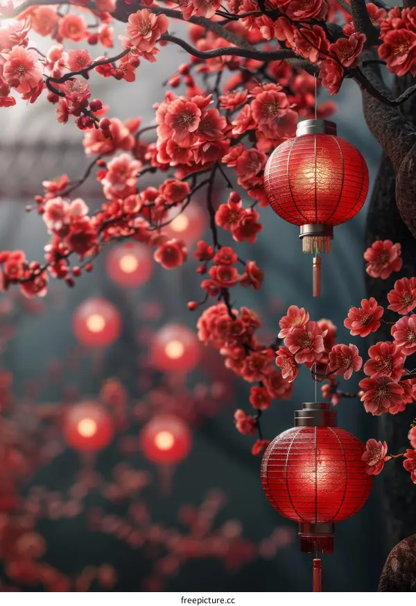 Red Lanterns Adorned Cherry Blossom Tree