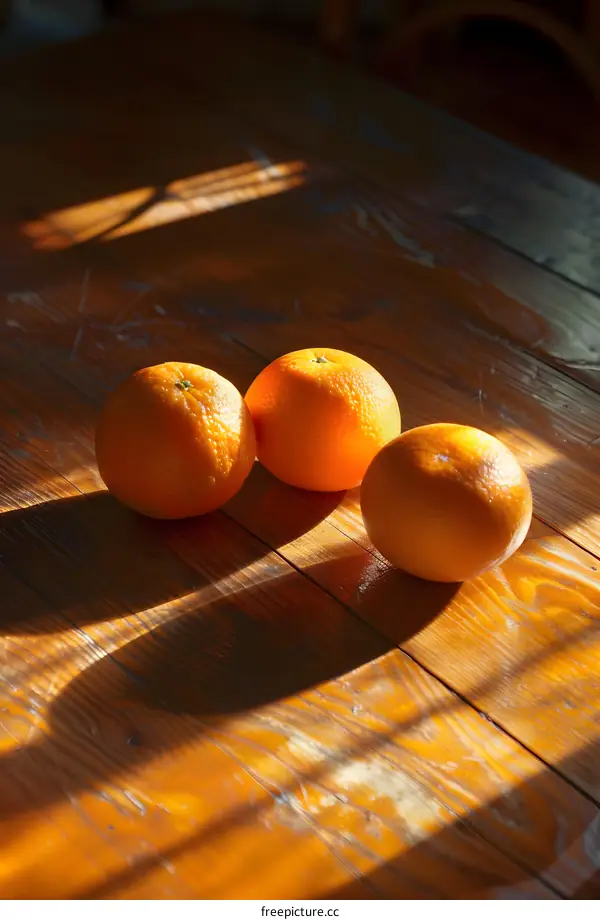 Three Oranges on Wooden Table with Sunlight