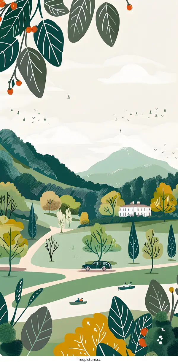 Green Landscape with Car and People in Boat