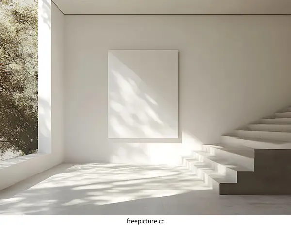 Minimalist White Room With Stairs And Large Canvas