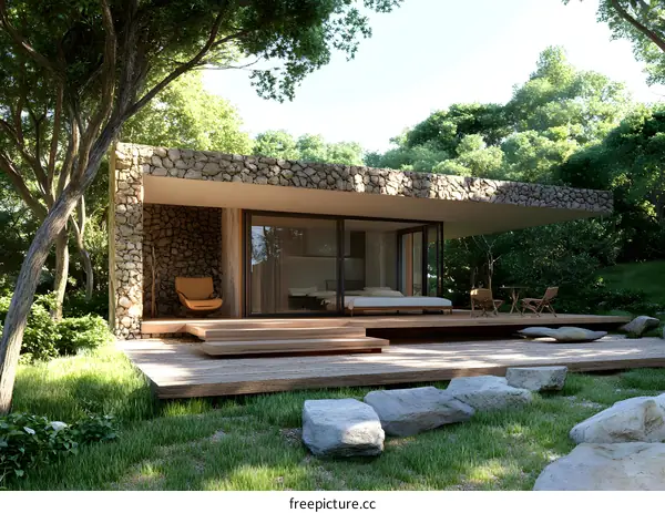 Modern Stone Cabin with Wooden Deck in a Green Forest