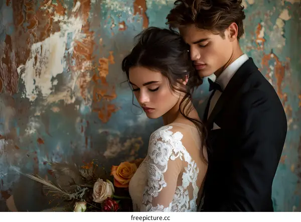 A newlywed couple posing for a photo