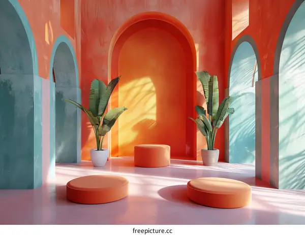 Arched Hallway with Geometric Shapes