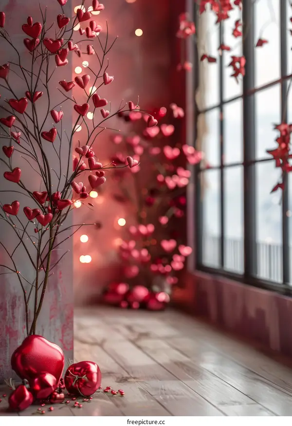 Red Heart Ornaments Hanging on a Tree with Lights