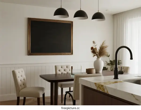 Modern Dining Space with Pendant Lights and Decorative Plants