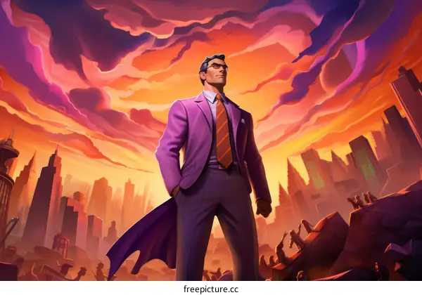 man in purple suit standing on top of a building looking over a city
