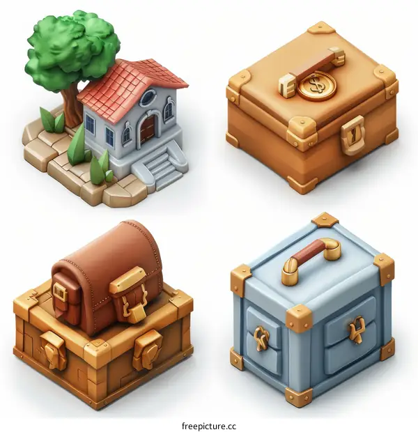 A variety of treasure chests and a house