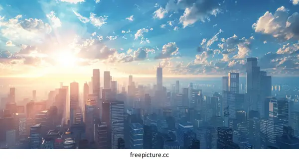 Sunbeams Pierce Through Clouds Over a Stunning Cityscape