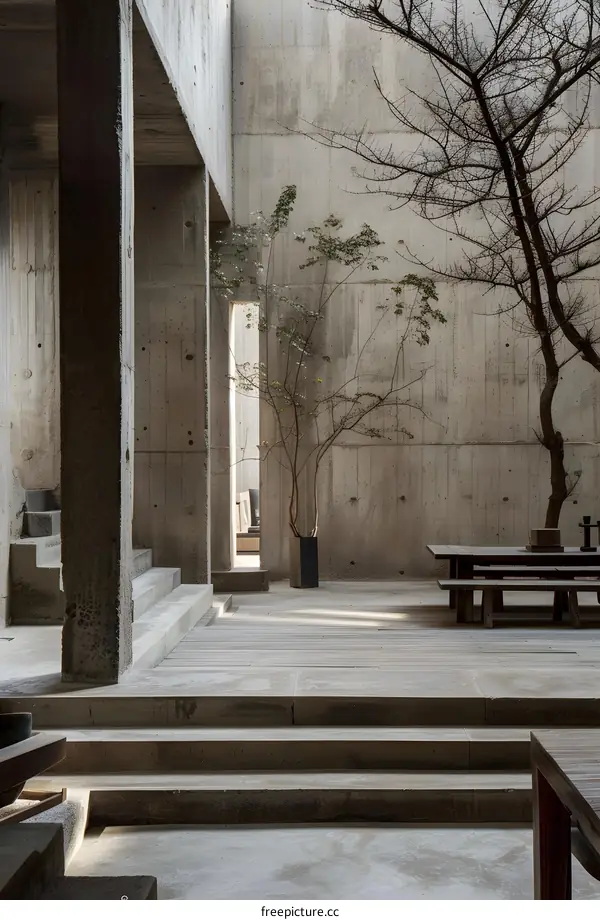 Minimalist Concrete Patio With Tree