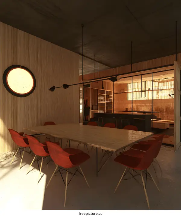 Modern Minimalist Interior Design of a Dining Room with Red Chairs and a Wooden Table