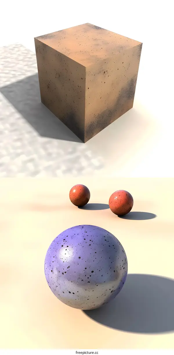 Abstract 3D Render of Sphere and Cube with Textured Surfaces