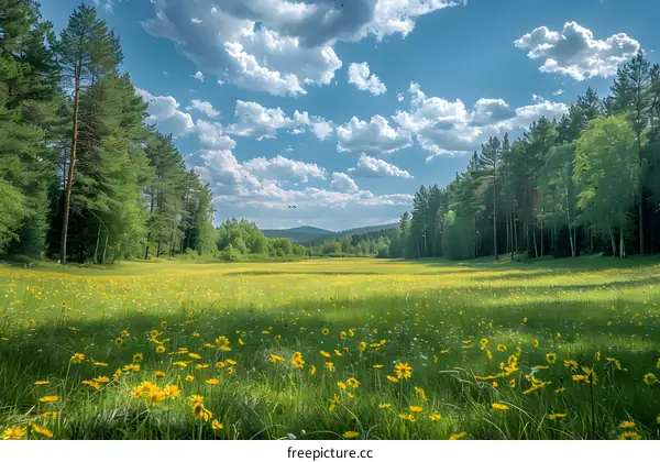 idyllic landscape with yellow wildflowers and green trees under blue sky