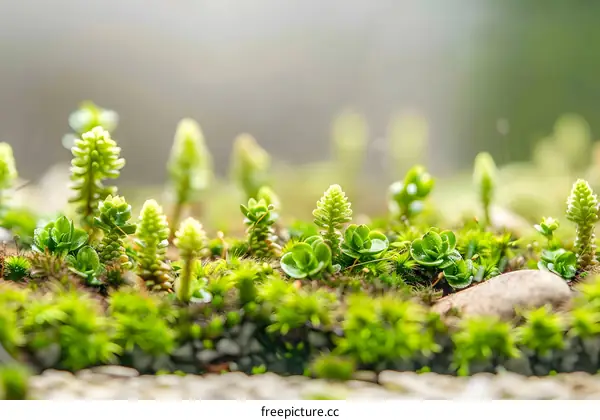 Close Up of Green Moss and Small Plants Growing on a Stone