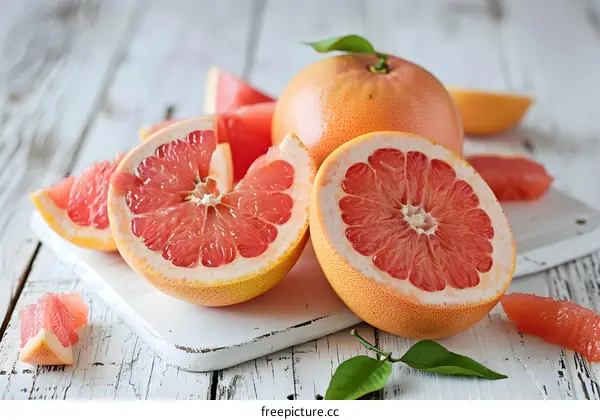 Freshly Cut Grapefruit on White Wooden Table