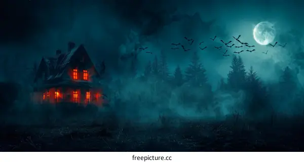 Haunted House in a Dark Forest Under a Full Moon