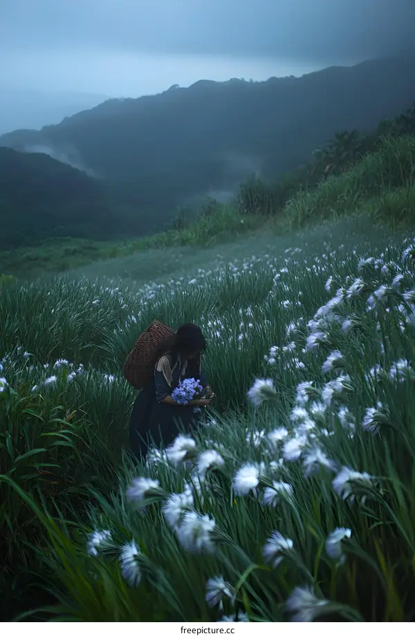 Woman in a Field of Flowers with Mountain in the Background