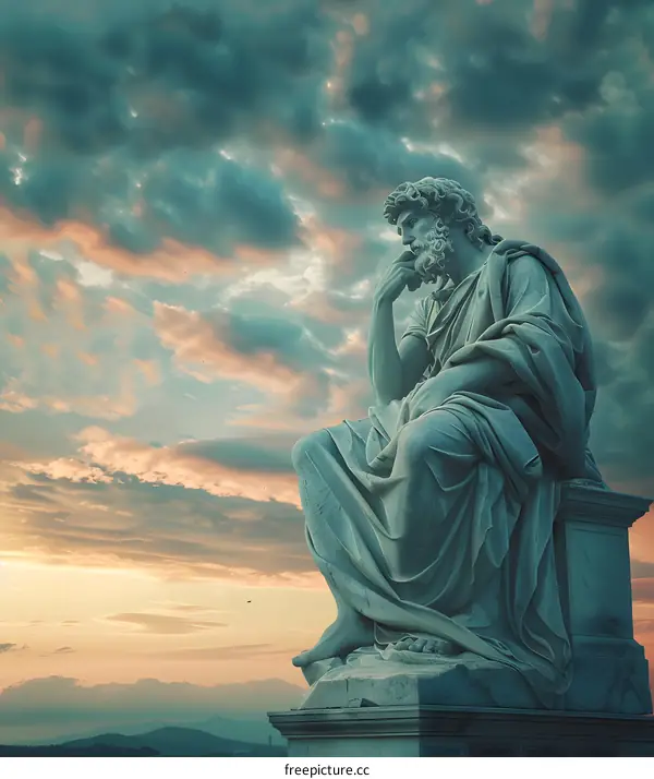 Stone Statue of Man Under Dramatic Sky