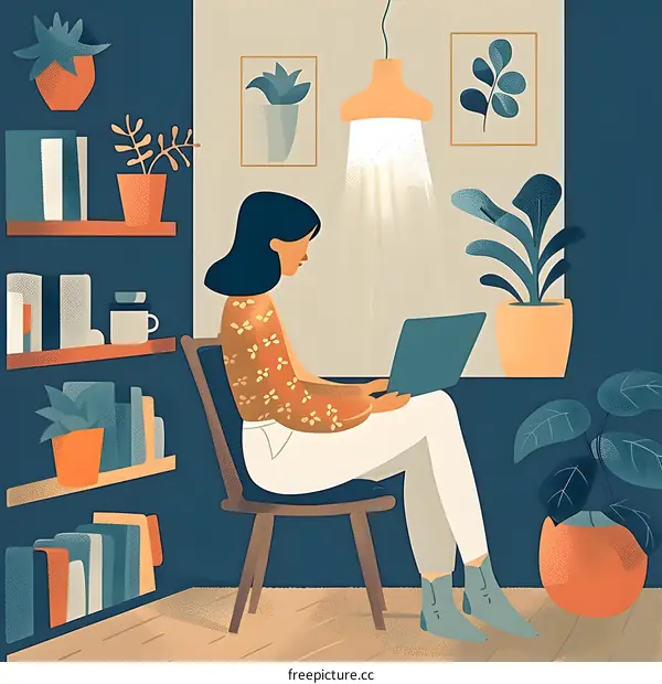 Woman Sitting In Chair With Laptop Working From Home