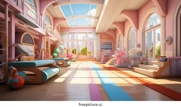 A Brightly Colored Indoor Gym with Exercise Equipment