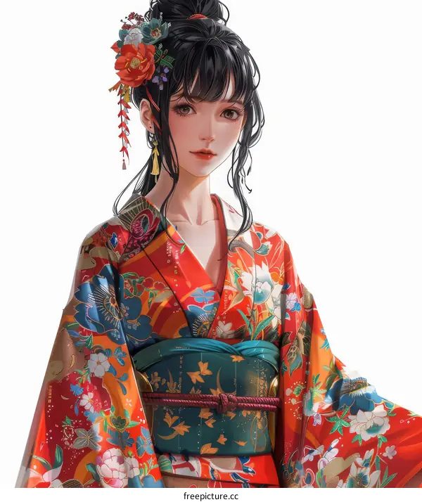 A beautiful Japanese girl in a red kimono