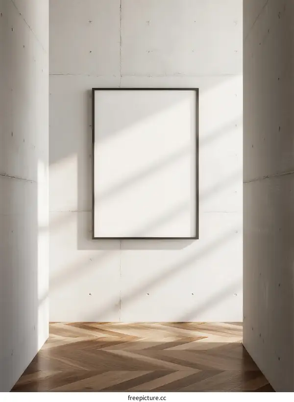 Empty Frame Hanging on Minimalist Concrete Wall with Parquet Floor