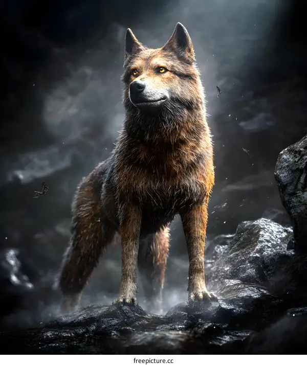 Wolf Standing on Rocks with Water Droplets