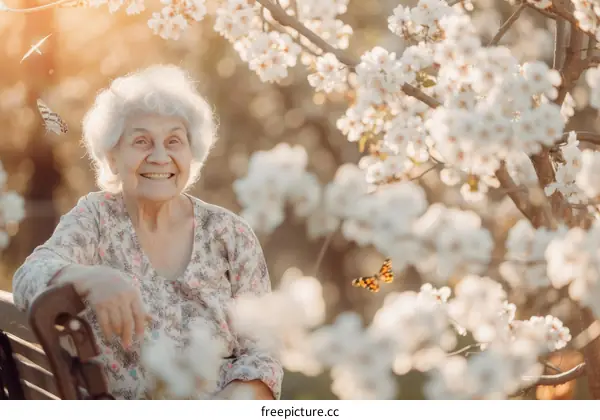 An elderly woman is sitting on a bench in a garden and smiling at a butterfly