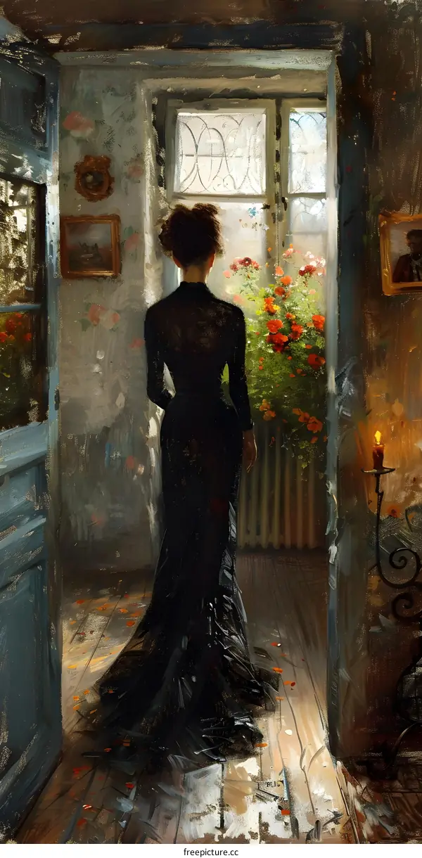 Lady in black dress standing by the door