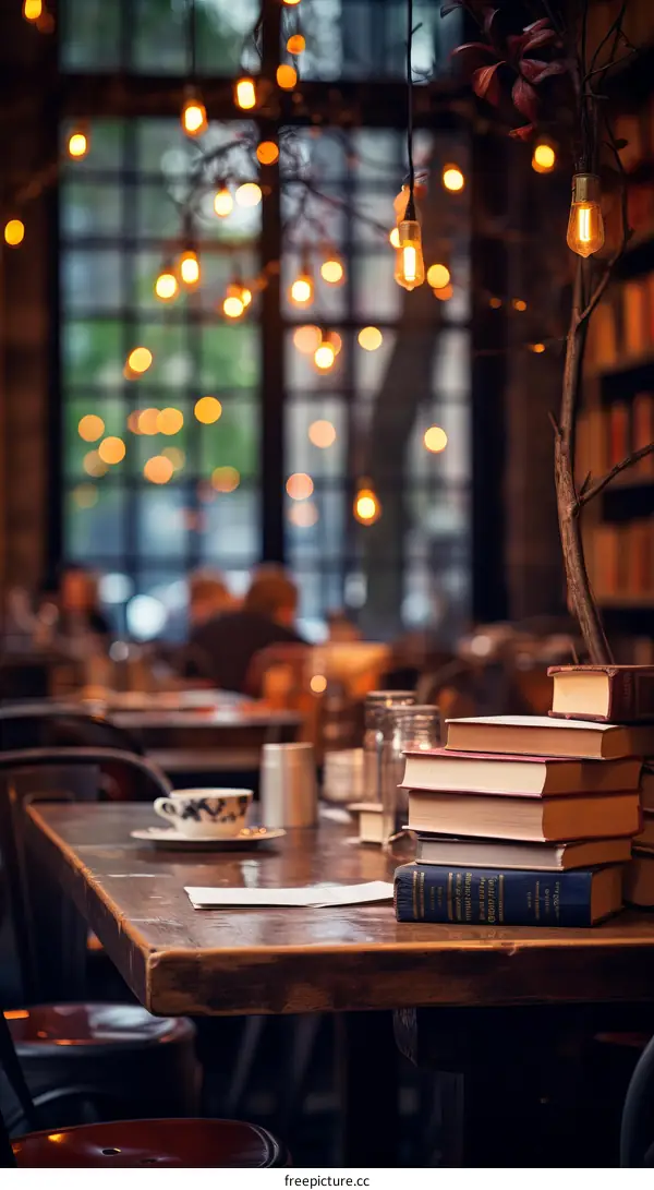 Vintage interior of bookstore with wooden table and books