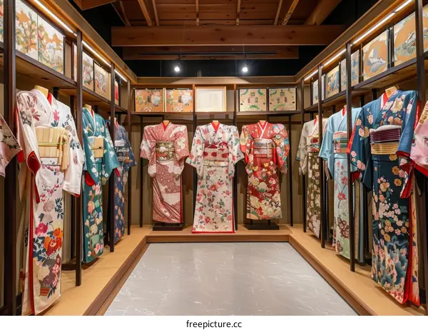 A variety of colorful kimono on display in a traditional Japanese room