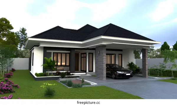 Modern Single Story House Design With Black Roof
