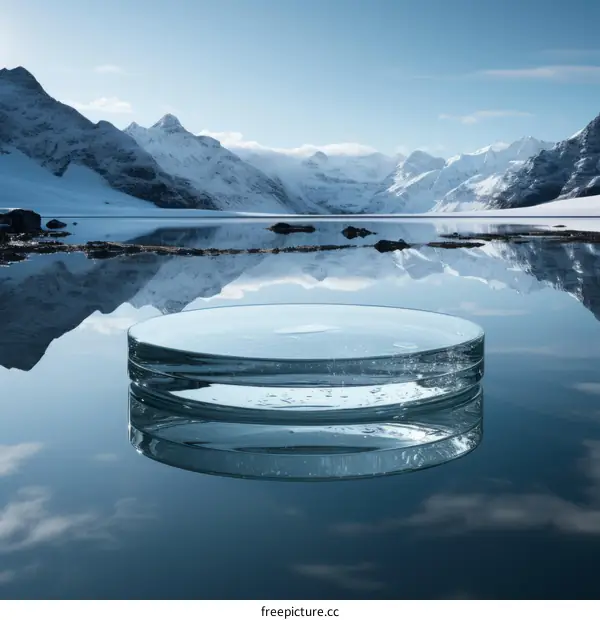 3D rendering of a clear glass platform floating on the surface of a still mountain lake surrounded by snow-capped mountains