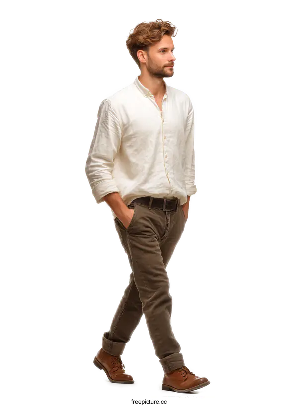 [Transparent Background PNG]Stylish Casual Man in a Light Beige Shirt and Brown Pants