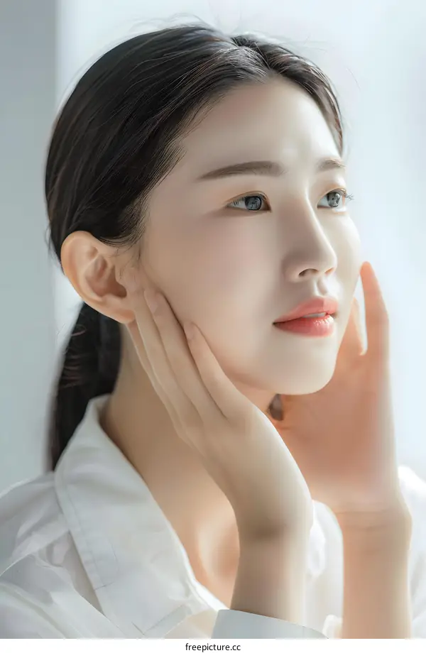 Beautiful Asian Woman in White Shirt with Hands on Her Face Looking Away