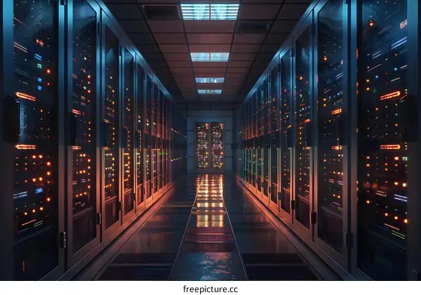 Server room with rows of server racks containing multiple server blades