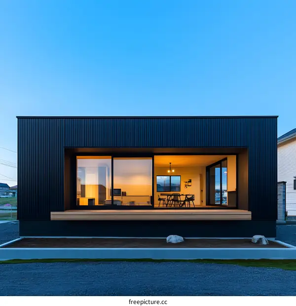 Modern Black House with Large Windows and Wooden Deck