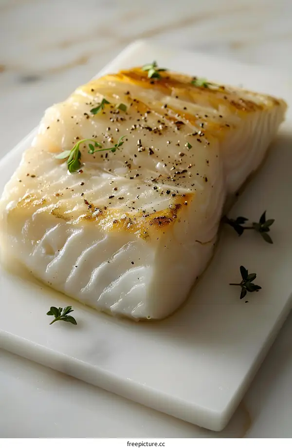A piece of cod fish fillet with herbs on a white marble slab