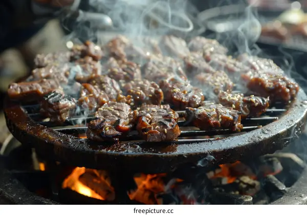 A barbecue grill with many pieces of beef on it