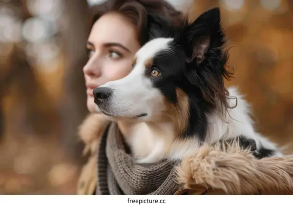 Woman and Dog Share Moment in Autumn Woods