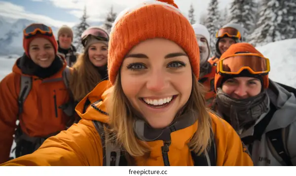 A group of friends skiing down a snowy mountain