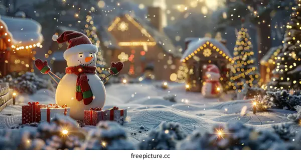 A Happy Snowman Standing in a Snowy Winter Village During Christmas