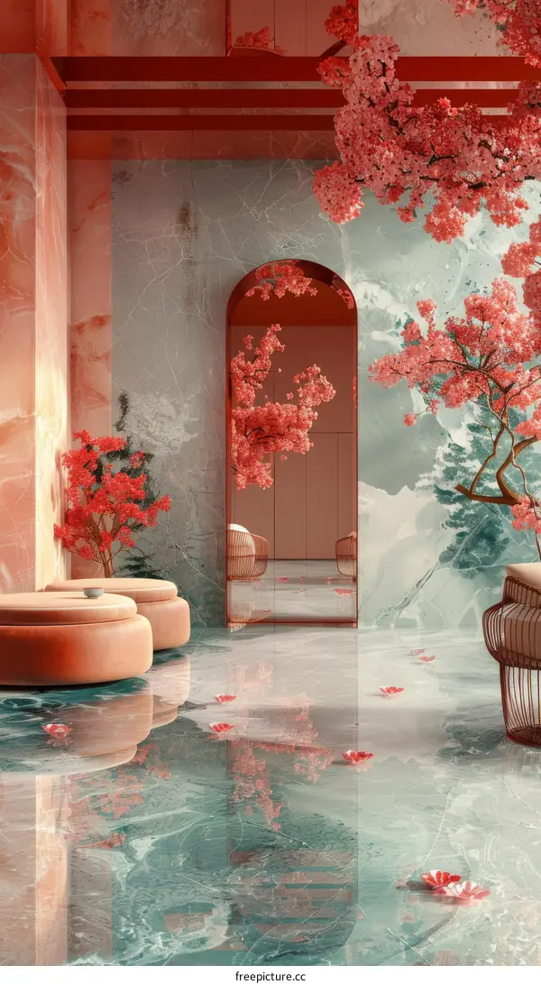 Modern Chinese Interior Design with Cherry Blossoms