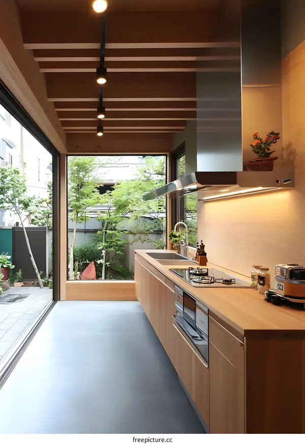 Modern Kitchen Design with Wooden Cabinets and a Window View
