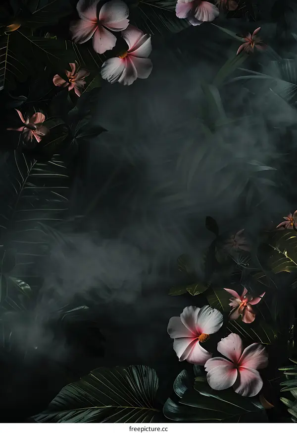 Tropical Leaves and Flowers with Smoke Background