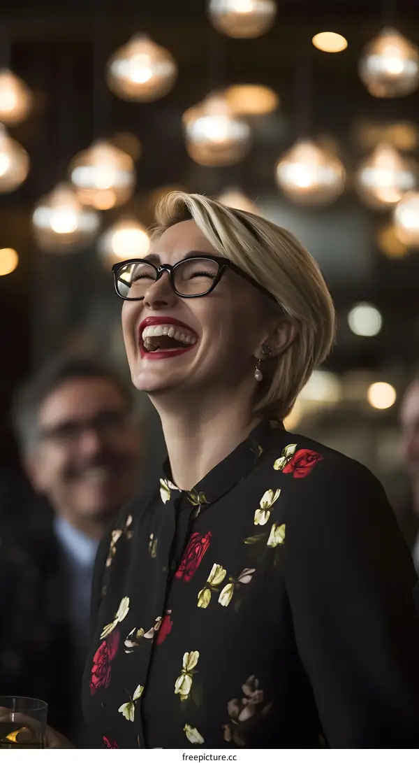 Woman in Black Floral Blouse Laughs With Friends at a Bar