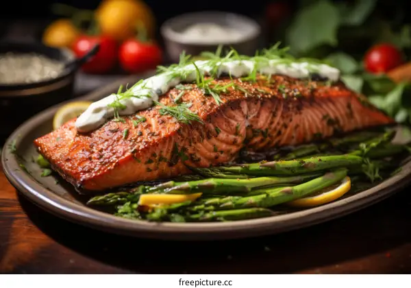A delicious and healthy meal of grilled salmon with asparagus and lemon