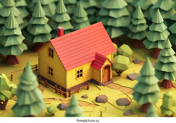 Low Poly 3D House in Forest
