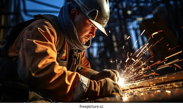 welder working on a metal structure with sparks flying