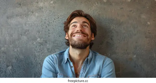 Happy Man Looking Upward Against a Concrete Wall